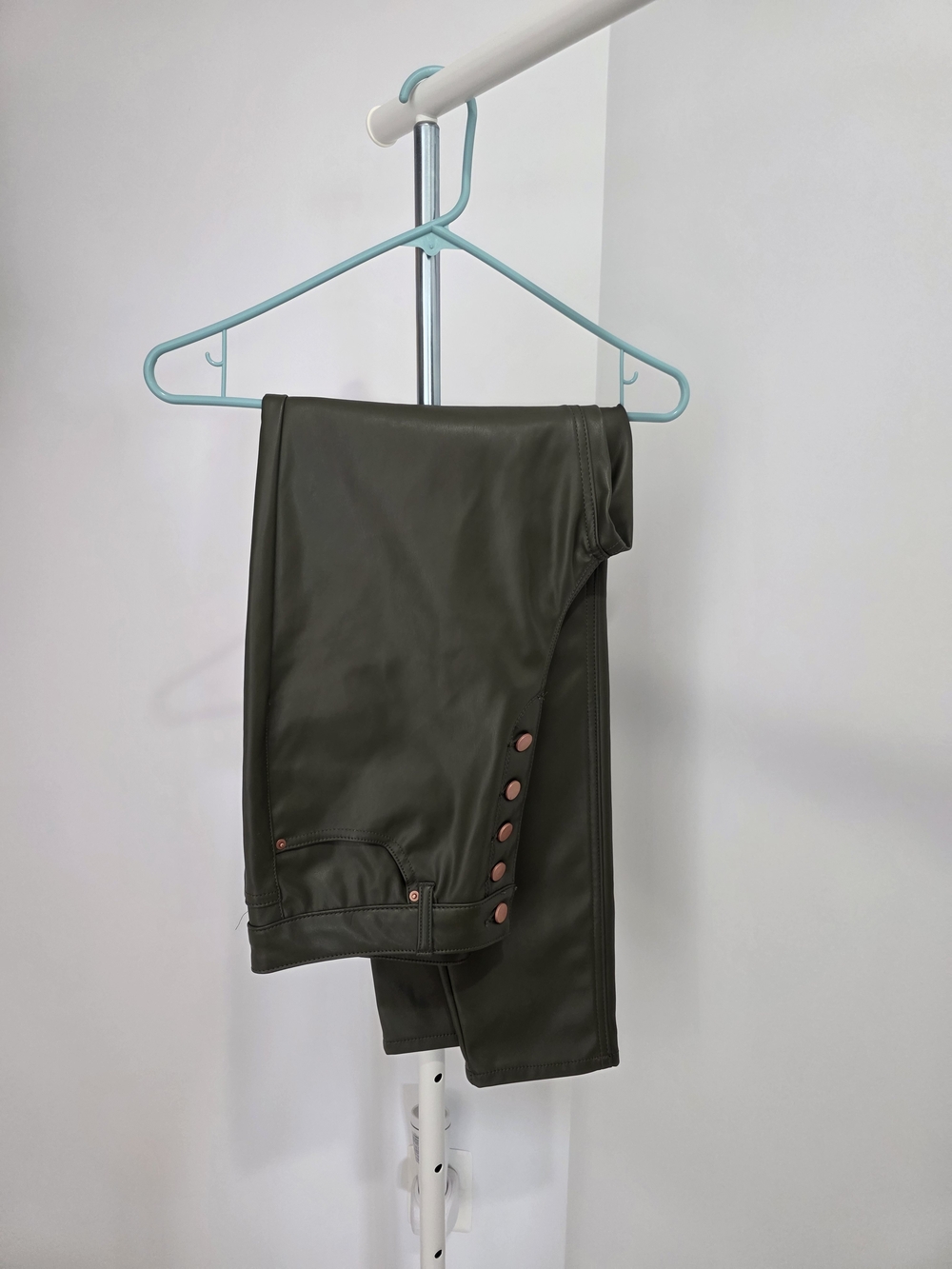 Tinseltown Olive Green Straight-Leg Faux Leather Pants with Copper Buttons